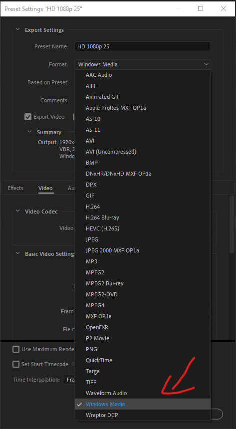Export &gt; Format &gt; Windows Media