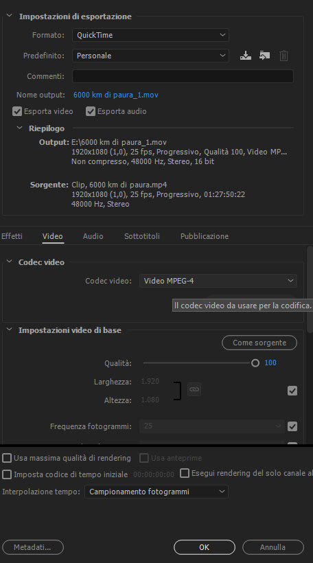 Screenshot AME 2017 settaggi Quicktime - MP4
