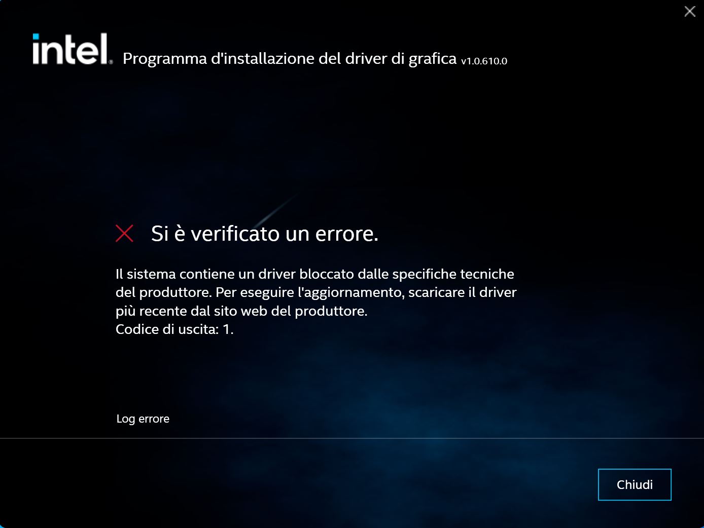 questo è l'errore che mi dà il driver più aggiornato di intel